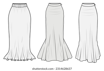 Mermaid Skirts, Fishtail Skirts Fashion Illustration, Vector, CAD, Technical Drawing, Flat Drawing, Template, Mockup	