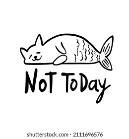 Mermaid sleep lazy cat. Doodle black line sketch art icon. Cute cartoon kids design. Outline drawing logo minimal style.