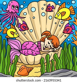 Mermaid Sleeping In A Shell Colored Cartoon