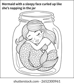 Uma sereia com um rosto sonolento enrolada como se estivesse cochilando no frasco, com a cauda escondida embaixo dela — design acolhedor e pacífico para livros de colorir para crianças pequenas.