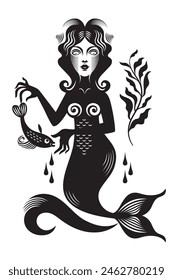 Sirena con Pequeño pez, ilustración gráfica en blanco y negro, ninfa