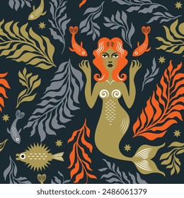 Mermaid with small fishes, Seamless Pattern