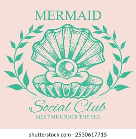 Mermaid Social Club, Beach Shelling Vintage Seashell T-shirt Design, Cute Beach Shirt, T-shirt Design, , Homens Mulheres Seashell verão slogan impressão desenho ilustração para um T