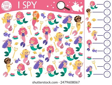 Mermaid I spy game for kids. Searching, counting activity with trident, water lily, seashell, fish. Fairytale ocean kingdom printable worksheet for children. Simple marine spotting puzzle
