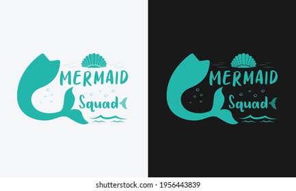 Mermaid Squad, hello summer calligraphy, hand drawn lettering illustration vector
