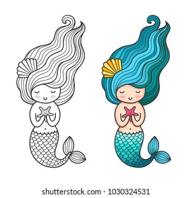 Mermaid with starfish. Cute cartoon character. Vector colored illustration for print, card, poster, t-shirt, coloring books, tattoo.