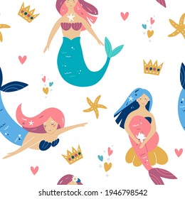 Mermaid and starfish seamless pattern, Underwater sea world dwellers, Fairytale kid textile, wrapping paper, background. Vector illustration.