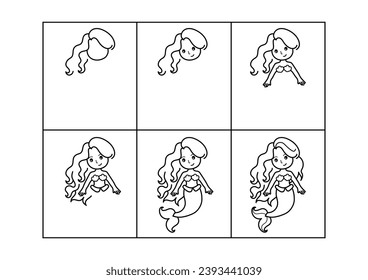 Mermaid. Step by step drawing. Coloring page, coloring book page. Black and white vector illustration.