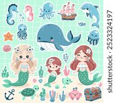 Mermaid stickers set with cute mermaids, seaweed, fish, chest, ship, anchor, turtle, seahorse, dolphin, octopus, jellyfish, crab, other marine elements, underwater themed, collection