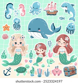 Mermaid stickers set with cute mermaids, seaweed, fish, chest, ship, anchor, turtle, seahorse, dolphin, octopus, jellyfish, crab, other marine elements, underwater themed, collection