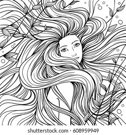 Mermaid with streaming hair, linen  hand drawn vector illustration for coloring book.