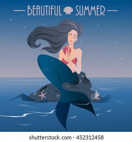 Mermaid summer vector poster in flat design in color serenity and rose quart