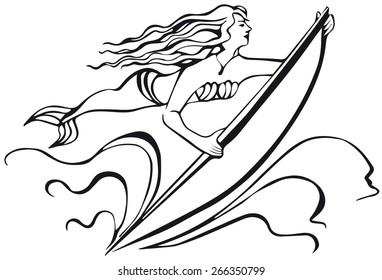 mermaid with a surfboard. silhouette of woman.