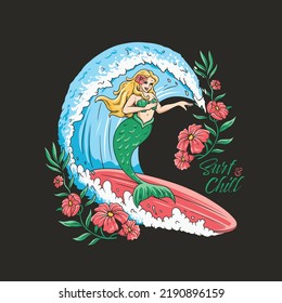 Mermaid surfing on the summer tropical hand drawn illustration in hawaii vibes