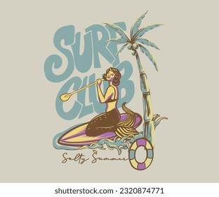 mermaid surfing vector illustration, summer surfing graphic print, retro vintage summer surfing design, palm beach artwork for t shirt, sticker, print 