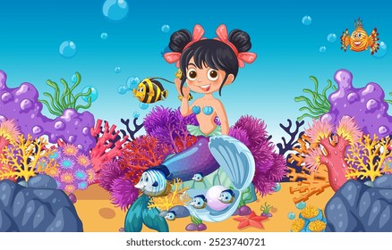 Mermaid surrounded by colorful coral and fish