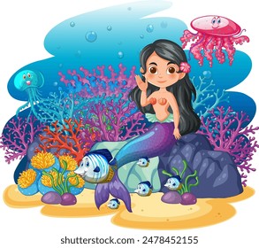 Mermaid surrounded by fish and vibrant coral