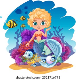 Mermaid surrounded by fish and vibrant coral