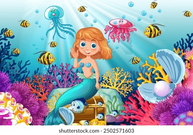 Mermaid surrounded by sea creatures and coral reef