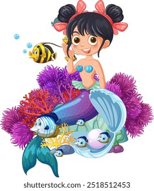 Mermaid surrounded by vibrant coral and friendly fish