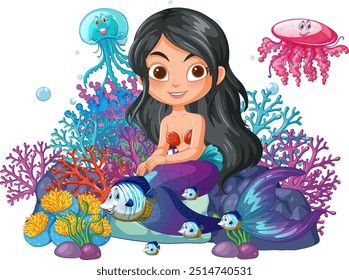 Mermaid surrounded by vibrant sea creatures and coral