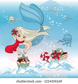 MERMAID SWEET New Year Color Vector Illustration Set