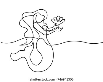 Mermaid swim in the sea with shell. Continuous line drawing. Vector illustration