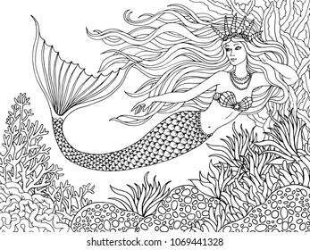 Mermaid swiming undersea, hand drawn linen vector illustration on a white background for coloring book
