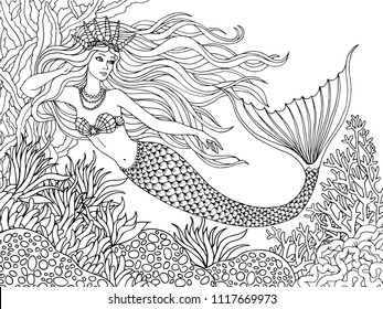 Mermaid swiming undersea, hand drawn linen vector illustration on a white background for coloring book