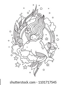 Mermaid swimming among seaweed and clouds, with dolphin. Page for adult coloring book. Vector outline illustration.