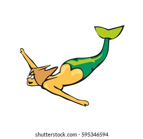 Mermaid swimming. Color vector flat illustration isolated on white background.