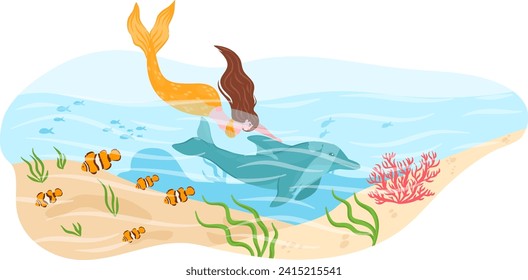 Mermaid swimming with a dolphin underwater near coral and clownfish. Mythical sea creature interaction with marine life. Fantasy ocean adventure vector illustration.