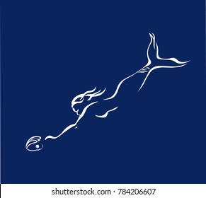 Mermaid swimming to pearl in the shell vector illustration on blue background.