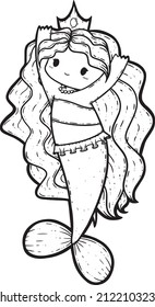 A mermaid swimming poses. A design featuring a mermaid with a tiara and pink pearl necklace. Chibi, kawaii mermaid.