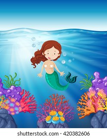 Mermaid swimming in the sea illustration