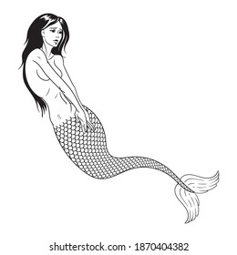Mermaid swimming undersea, hand drawn linen vector illustration on a white background for coloring book