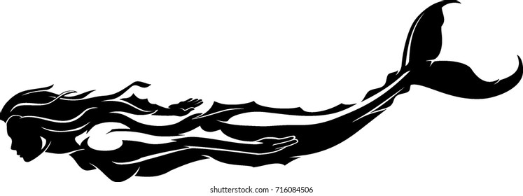 Mermaid Swimming Underwater, Shadowed Illustration