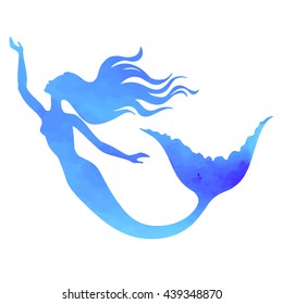 Mermaid swimming, watercolor vector silhouette illustration.