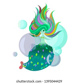 Mermaid swims in the ocean among the bubbles