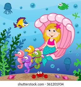 mermaid swims in the seashell - vector illustration, eps
