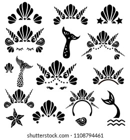 Mermaid symbols set with sea shells crowns, tails and eyes. Vector illustration. 