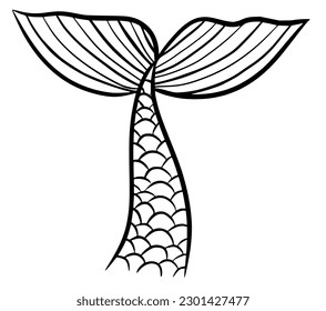 Mermaid tail cute vector icon. Line sea fish hand drawn silhouette isolated on white background. Black contour marine tale girl elements. 