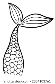 Mermaid tail cute vector icon. Line sea fish hand drawn silhouette isolated on white background. Black contour marine tale girl elements. 