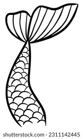 Mermaid tail cute vector icon. Line sea fish hand drawn silhouette isolated on white background. Black contour marine tale girl elements.