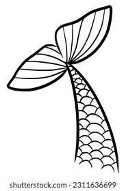 Mermaid tail cute vector icon. Line sea fish hand drawn silhouette isolated on white background. Black contour marine tale girl elements.