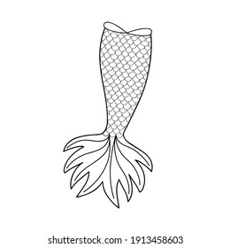 Mermaid tail in doodle outline style. Element of mermaid costume isolated on white background. Decoration for greeting card or tshirt design. Black and white hand drawn vector illustration