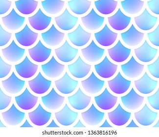 Mermaid tail foil texture effect background. Vector iridescent neon seamless pattern. Blue holographic fish scale or hologram mermaid template for party invitation design.