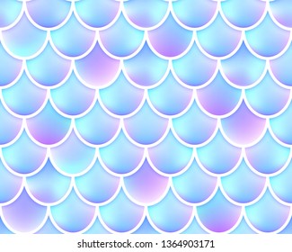 Mermaid tail foil texture effect background. Vector iridescent neon seamless pattern. Blue holographic fish scale or hologram mermaid template for party invitation design.