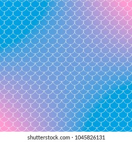 Mermaid tail on trendy gradient background. Square backdrop with mermaid tail ornament. Bright color transitions. Fish scale banner and invitation. Underwater sea pattern. Blue, purple, pink colors.