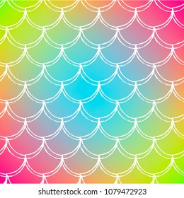 Mermaid tail on trendy gradient background. Square backdrop with mermaid tail ornament. Bright color transitions. Fish scale banner and invitation. Underwater and sea pattern. Rainbow colors.